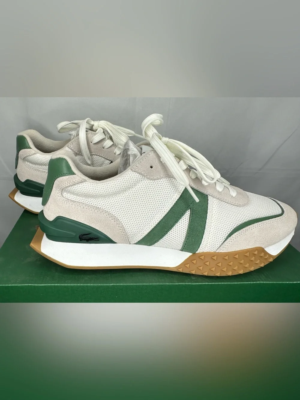 Lacoste White, Beige & Green Retro Runner Sneakers